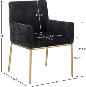 Meridian Furniture Reeves Chenille Upholstered Arm Chair with Brushed Brass Iron Frame for Dining Rooms 11002Black-C