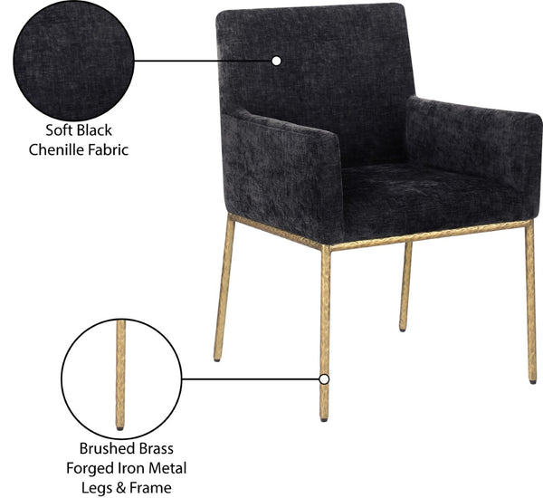 Meridian Furniture Reeves Chenille Upholstered Arm Chair with Brushed Brass Iron Frame for Dining Rooms 11002Black-C
