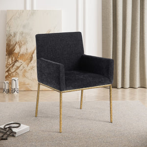 Meridian Furniture Reeves Chenille Upholstered Arm Chair with Brushed Brass Iron Frame for Dining Rooms 11002Black-C