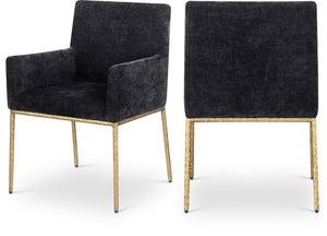 Meridian Furniture Reeves Chenille Upholstered Arm Chair with Brushed Brass Iron Frame for Dining Rooms 11002Black-C