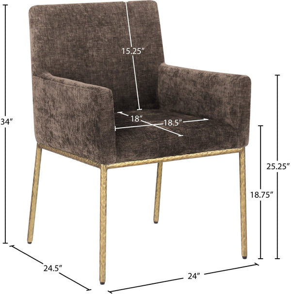 Meridian Furniture Reeves Chenille Upholstered Arm Chair with Brushed Brass Iron Legs for Dining Rooms 11002Brown-C