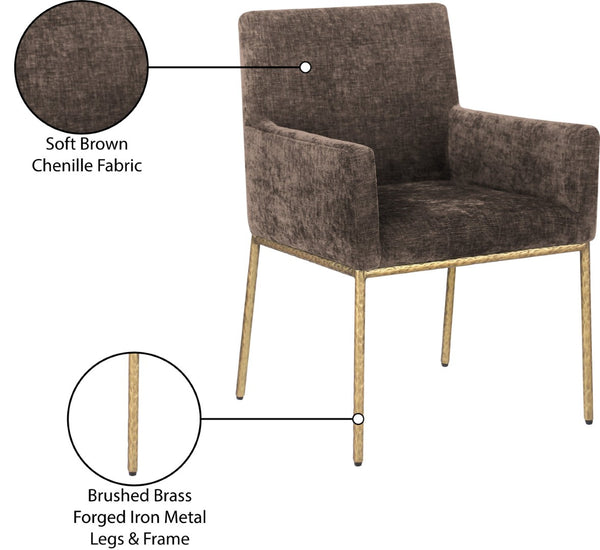 Meridian Furniture Reeves Chenille Upholstered Arm Chair with Brushed Brass Iron Legs for Dining Rooms 11002Brown-C