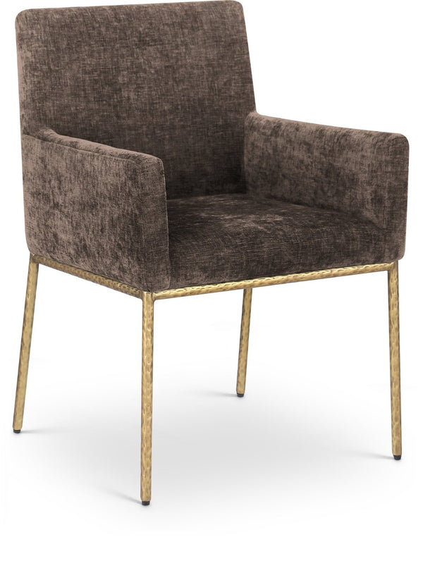 Meridian Furniture Reeves Chenille Upholstered Arm Chair with Brushed Brass Iron Legs for Dining Rooms 11002Brown-C