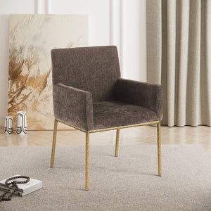 Meridian Furniture Reeves Chenille Upholstered Arm Chair with Brushed Brass Iron Legs for Dining Rooms 11002Brown-C