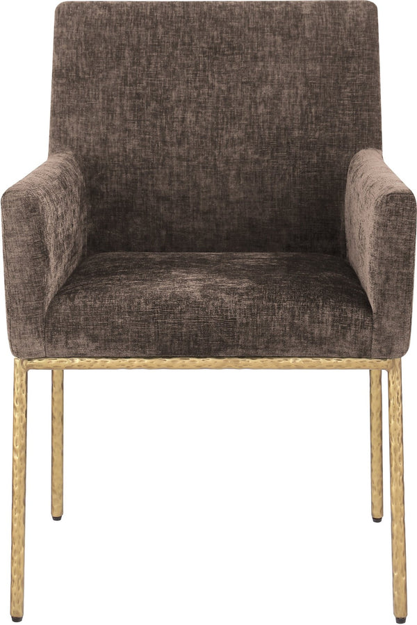 Meridian Furniture Reeves Chenille Upholstered Arm Chair with Brushed Brass Iron Legs for Dining Rooms 11002Brown-C
