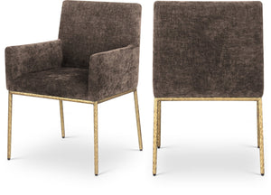Meridian Furniture Reeves Chenille Upholstered Arm Chair with Brushed Brass Iron Legs for Dining Rooms 11002Brown-C