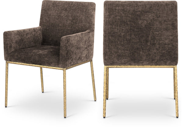 Meridian Furniture Reeves Chenille Upholstered Arm Chair with Brushed Brass Iron Legs for Dining Rooms 11002Brown-C