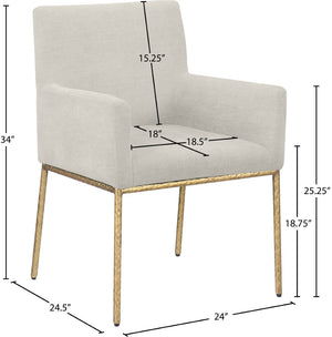 Meridian Furniture Reeves Fully Padded Chenille Dining Arm Chair with Brushed Brass Iron Legs 11002Cream-C