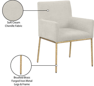 Meridian Furniture Reeves Fully Padded Chenille Dining Arm Chair with Brushed Brass Iron Legs 11002Cream-C