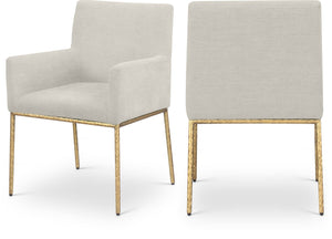 Meridian Furniture Reeves Fully Padded Chenille Dining Arm Chair with Brushed Brass Iron Legs 11002Cream-C