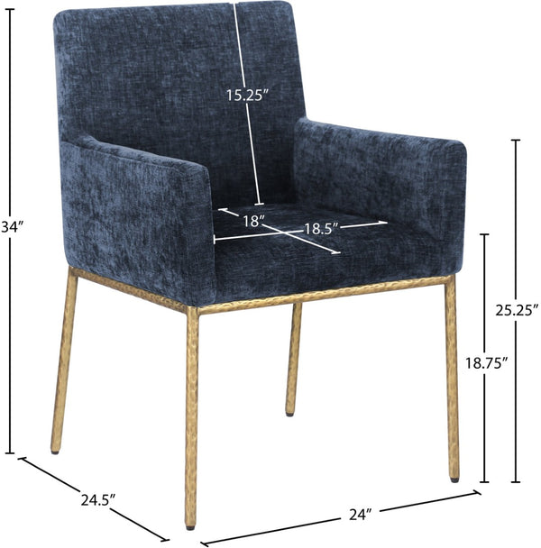 Meridian Furniture Reeves Chenille Upholstered Dining Arm Chair with Brushed Brass Iron Legs for Modern Rooms 11002Navy-C