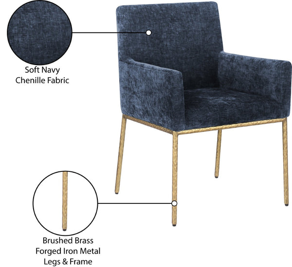 Meridian Furniture Reeves Chenille Upholstered Dining Arm Chair with Brushed Brass Iron Legs for Modern Rooms 11002Navy-C
