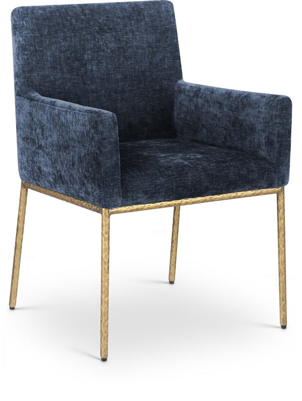 Meridian Furniture Reeves Chenille Upholstered Dining Arm Chair with Brushed Brass Iron Legs for Modern Rooms 11002Navy-C
