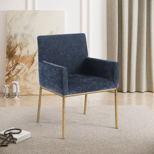 Meridian Furniture Reeves Chenille Upholstered Dining Arm Chair with Brushed Brass Iron Legs for Modern Rooms 11002Navy-C