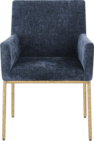 Meridian Furniture Reeves Chenille Upholstered Dining Arm Chair with Brushed Brass Iron Legs for Modern Rooms 11002Navy-C