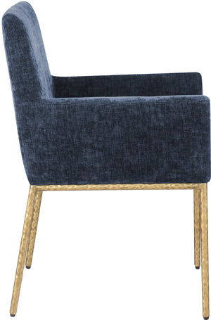 Meridian Furniture Reeves Chenille Upholstered Dining Arm Chair with Brushed Brass Iron Legs for Modern Rooms 11002Navy-C