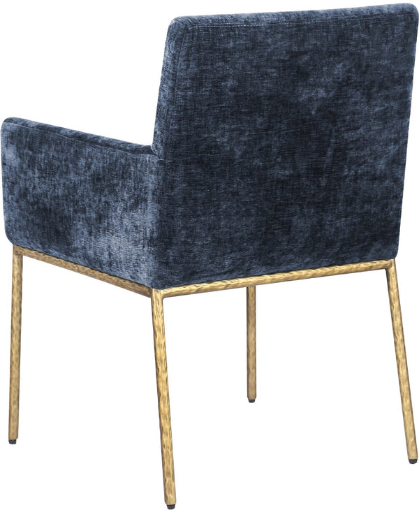 Meridian Furniture Reeves Chenille Upholstered Dining Arm Chair with Brushed Brass Iron Legs for Modern Rooms 11002Navy-C