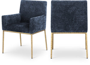 Meridian Furniture Reeves Chenille Upholstered Dining Arm Chair with Brushed Brass Iron Legs for Modern Rooms 11002Navy-C