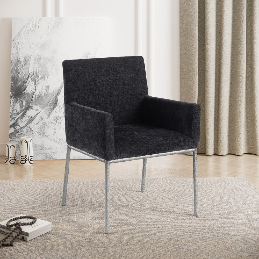 Meridian Furniture Reeves Chenille Upholstered Arm Chair with Forged Iron Legs for Modern Dining Rooms 11003Black-C