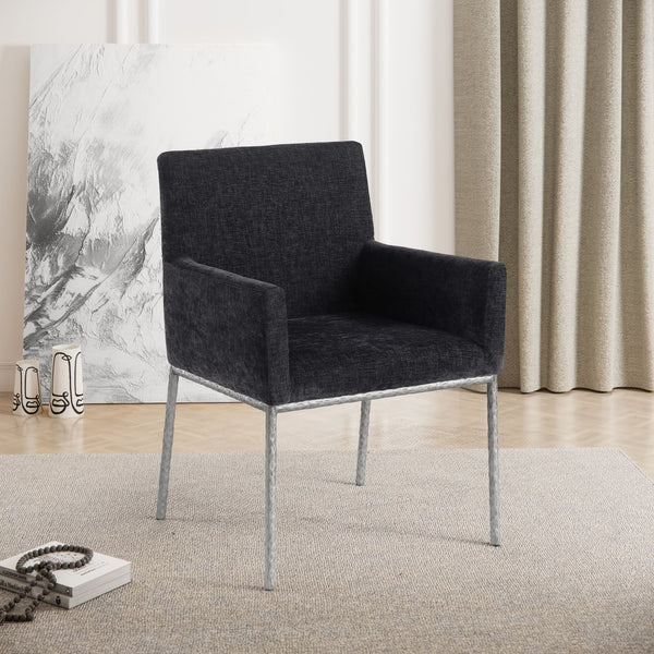 Meridian Furniture Reeves Chenille Upholstered Arm Chair with Forged Iron Legs for Modern Dining Rooms 11003Black-C