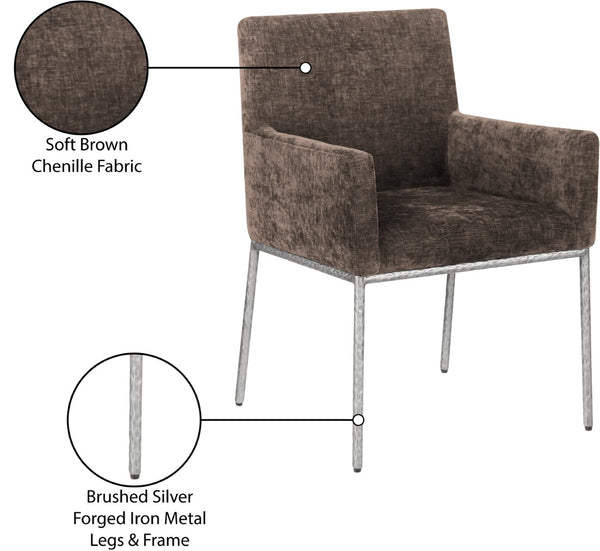 Meridian Furniture Reeves Chenille Upholstered Arm Chair with Forged Iron Base for Modern Dining Rooms 11003Brown-C