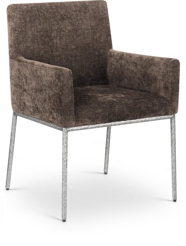 Meridian Furniture Reeves Chenille Upholstered Arm Chair with Forged Iron Base for Modern Dining Rooms 11003Brown-C