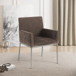 Meridian Furniture Reeves Chenille Upholstered Arm Chair with Forged Iron Base for Modern Dining Rooms 11003Brown-C