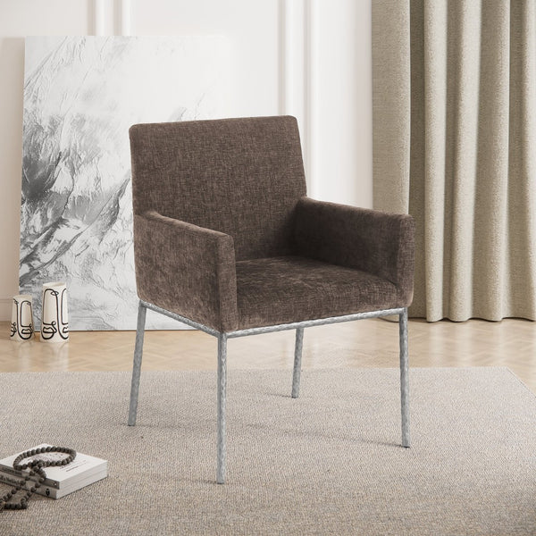 Meridian Furniture Reeves Chenille Upholstered Arm Chair with Forged Iron Base for Modern Dining Rooms 11003Brown-C