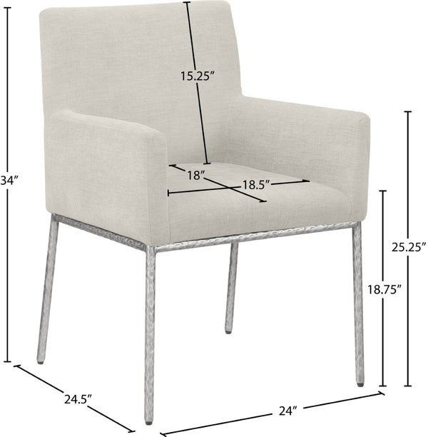 Meridian Furniture Reeves Cream Chenille Upholstered Dining Arm Chair with Brushed Silver Iron Frame 11003Cream-C
