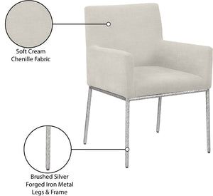 Meridian Furniture Reeves Cream Chenille Upholstered Dining Arm Chair with Brushed Silver Iron Frame 11003Cream-C