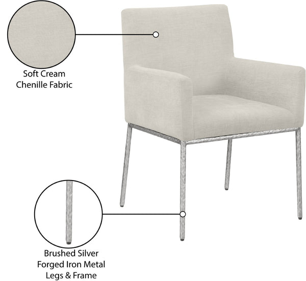 Meridian Furniture Reeves Cream Chenille Upholstered Dining Arm Chair with Brushed Silver Iron Frame 11003Cream-C