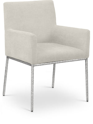 Meridian Furniture Reeves Cream Chenille Upholstered Dining Arm Chair with Brushed Silver Iron Frame 11003Cream-C