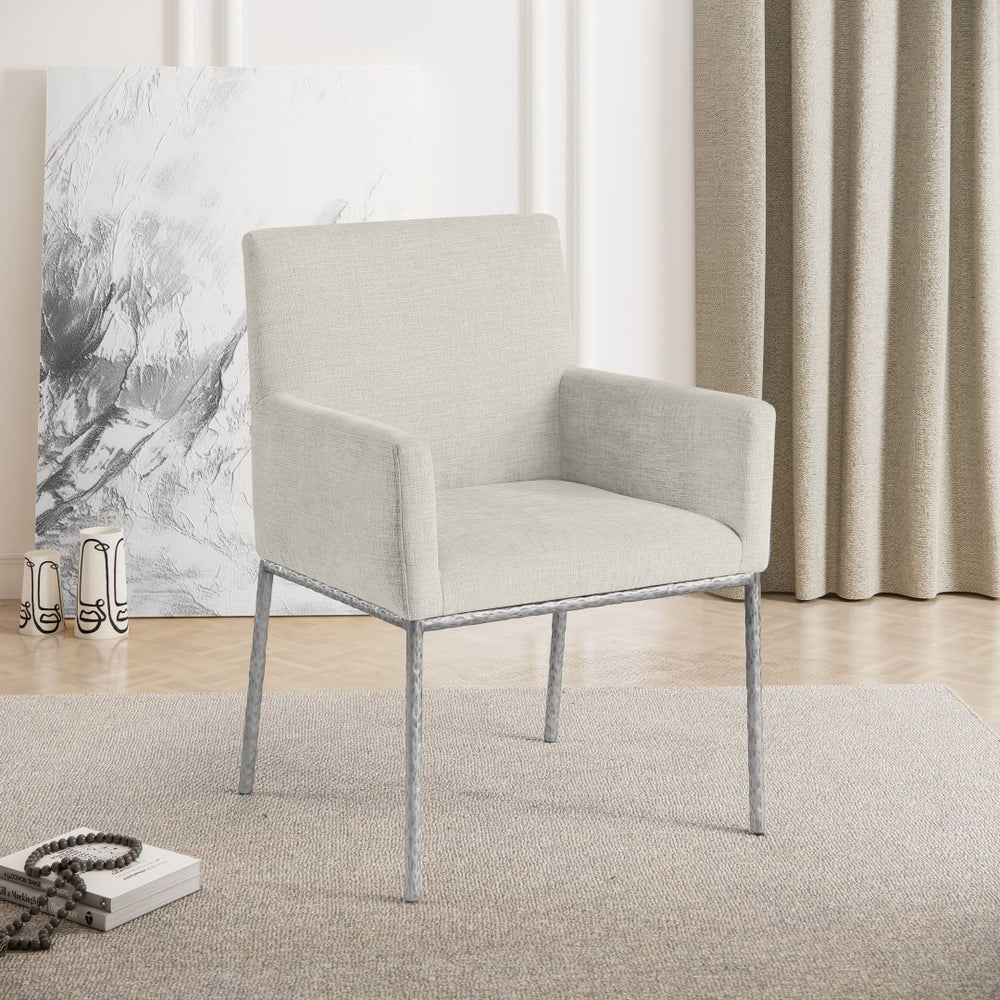 Meridian Furniture Reeves Cream Chenille Upholstered Dining Arm Chair with Brushed Silver Iron Frame 11003Cream-C