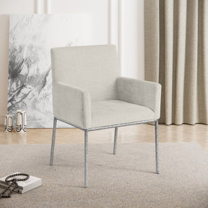 Meridian Furniture Reeves Cream Chenille Upholstered Dining Arm Chair with Brushed Silver Iron Frame 11003Cream-C