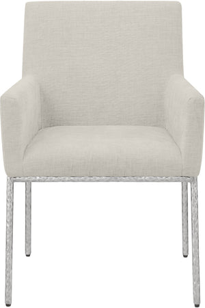 Meridian Furniture Reeves Cream Chenille Upholstered Dining Arm Chair with Brushed Silver Iron Frame 11003Cream-C