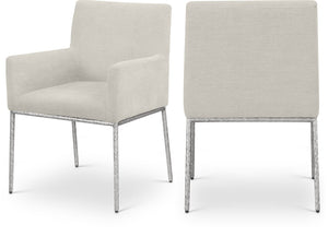 Meridian Furniture Reeves Cream Chenille Upholstered Dining Arm Chair with Brushed Silver Iron Frame 11003Cream-C