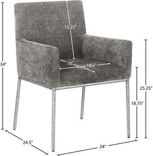 Meridian Furniture Reeves Soft Grey Chenille Arm Chair with Brushed Silver Iron Legs for Dining Rooms 11003Grey-C