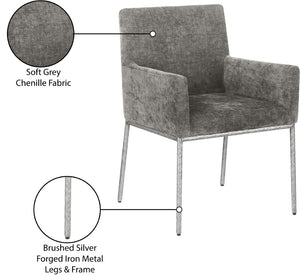 Meridian Furniture Reeves Soft Grey Chenille Arm Chair with Brushed Silver Iron Legs for Dining Rooms 11003Grey-C