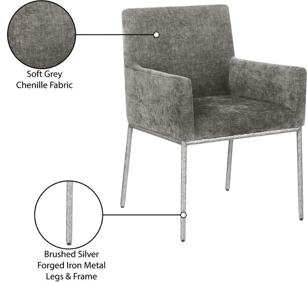 Meridian Furniture Reeves Soft Grey Chenille Arm Chair with Brushed Silver Iron Legs for Dining Rooms 11003Grey-C