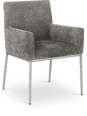 Meridian Furniture Reeves Soft Grey Chenille Arm Chair with Brushed Silver Iron Legs for Dining Rooms 11003Grey-C
