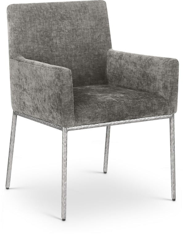 Meridian Furniture Reeves Soft Grey Chenille Arm Chair with Brushed Silver Iron Legs for Dining Rooms 11003Grey-C