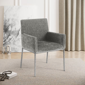 Meridian Furniture Reeves Soft Grey Chenille Arm Chair with Brushed Silver Iron Legs for Dining Rooms 11003Grey-C