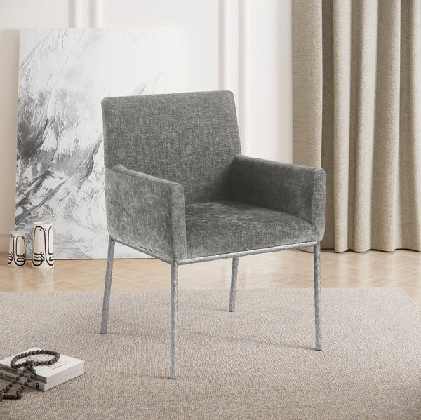 Meridian Furniture Reeves Soft Grey Chenille Arm Chair with Brushed Silver Iron Legs for Dining Rooms 11003Grey-C