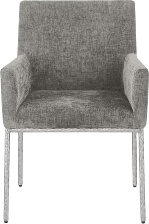 Meridian Furniture Reeves Soft Grey Chenille Arm Chair with Brushed Silver Iron Legs for Dining Rooms 11003Grey-C
