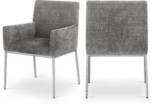 Meridian Furniture Reeves Soft Grey Chenille Arm Chair with Brushed Silver Iron Legs for Dining Rooms 11003Grey-C