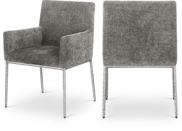 Meridian Furniture Reeves Soft Grey Chenille Arm Chair with Brushed Silver Iron Legs for Dining Rooms 11003Grey-C