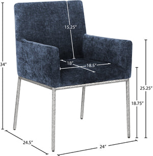 Meridian Furniture Reeves Chenille Upholstered Arm Chair with Brushed Silver Iron Frame for Dining 11003Navy-C