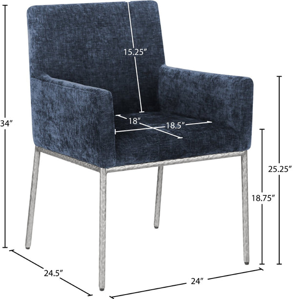 Meridian Furniture Reeves Chenille Upholstered Arm Chair with Brushed Silver Iron Frame for Dining 11003Navy-C