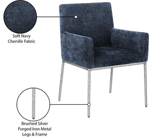 Meridian Furniture Reeves Chenille Upholstered Arm Chair with Brushed Silver Iron Frame for Dining 11003Navy-C