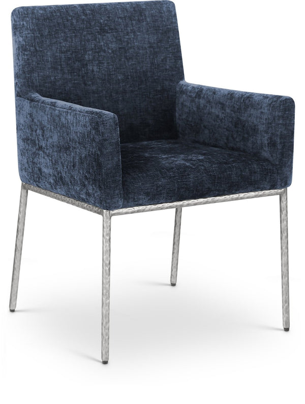 Meridian Furniture Reeves Chenille Upholstered Arm Chair with Brushed Silver Iron Frame for Dining 11003Navy-C